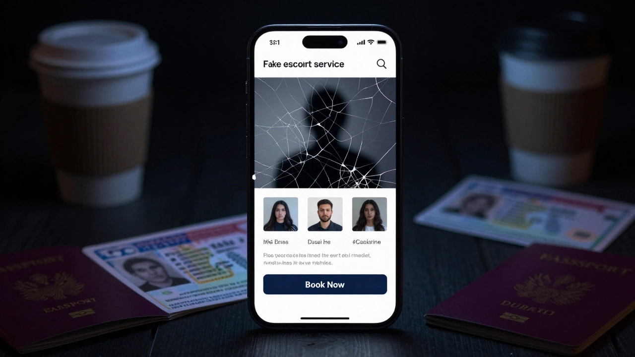 A smartphone screen showing a fake escort website with a shadowy surveillance figure reflected.