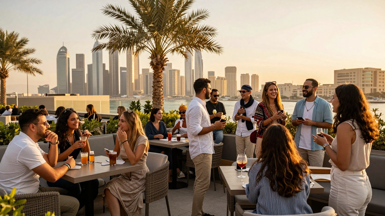 People socializing warmly at a Dubai rooftop lounge at sunset.
