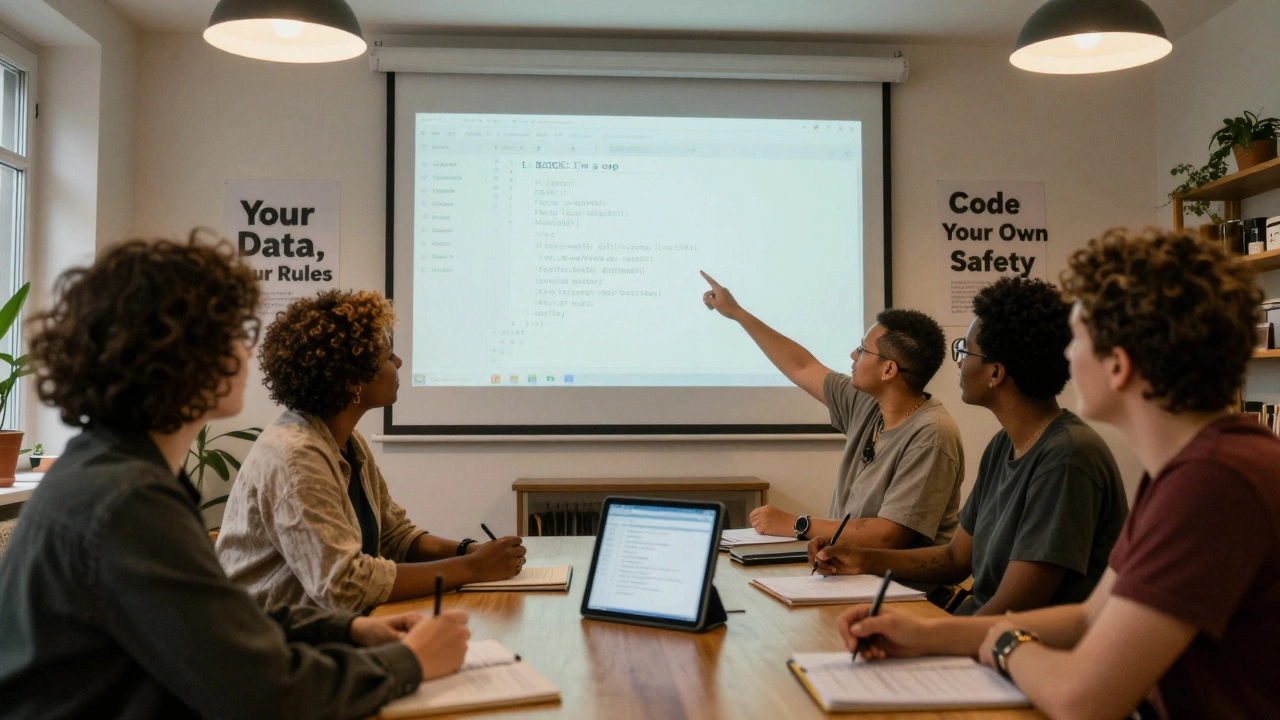 Sex workers in Berlin learn to code their own AI safety tools in a community setting, focused and determined.